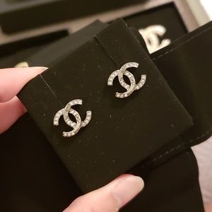Chanel 18P Ruthenium Crystal CC Stud Earrings